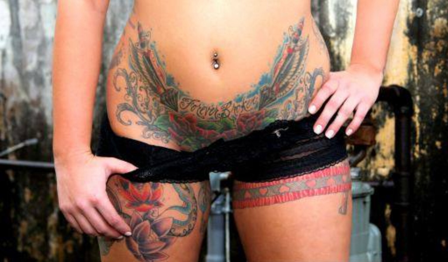 Tattooed chick thigh high fencenet fucked image